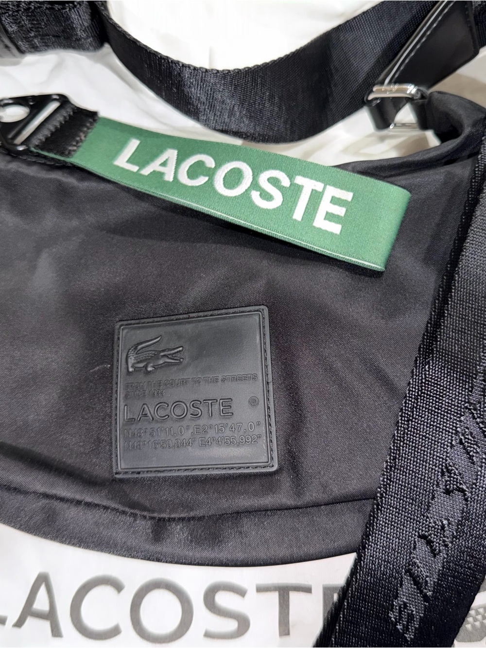Lacoste Black Belt Bag with Green Logo Strap Open Box